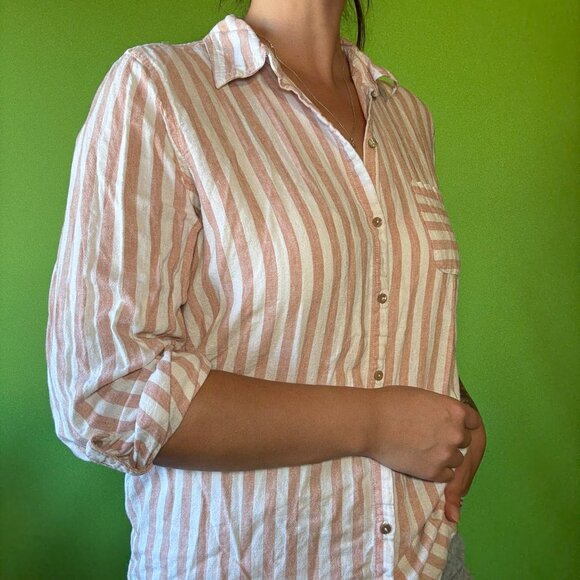 Striped linen rayon beach summer shirt / Large / white and peach - Picture 2 of 3